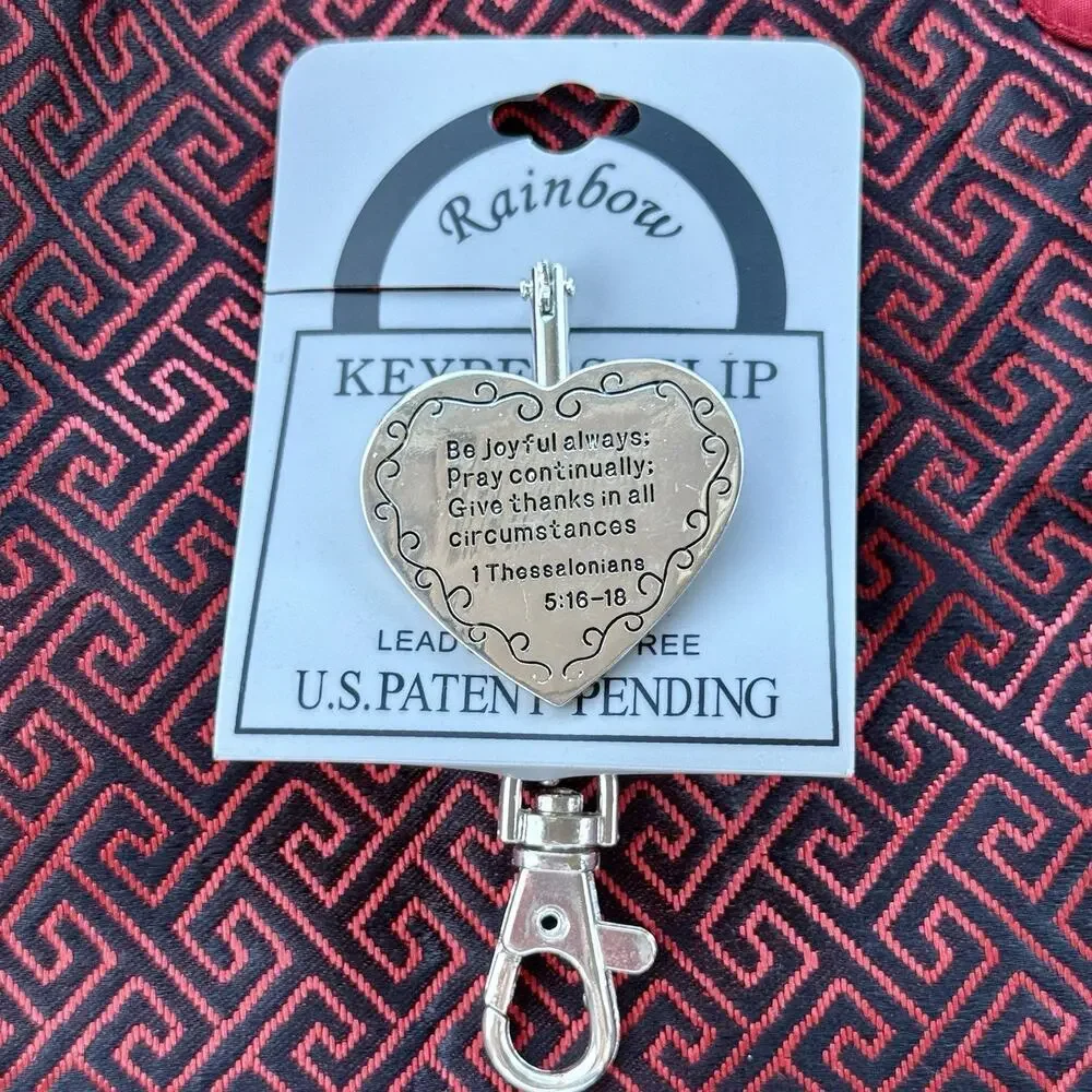 Rainbow Keypers Klip Key Clip Heart Bag Charm Religious Bible Verse Silver Tone